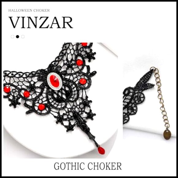 Gothic Lace Choker Necklace Red Crystal Pendant Adjustable Lobster Clasp - Picture 3 of 7